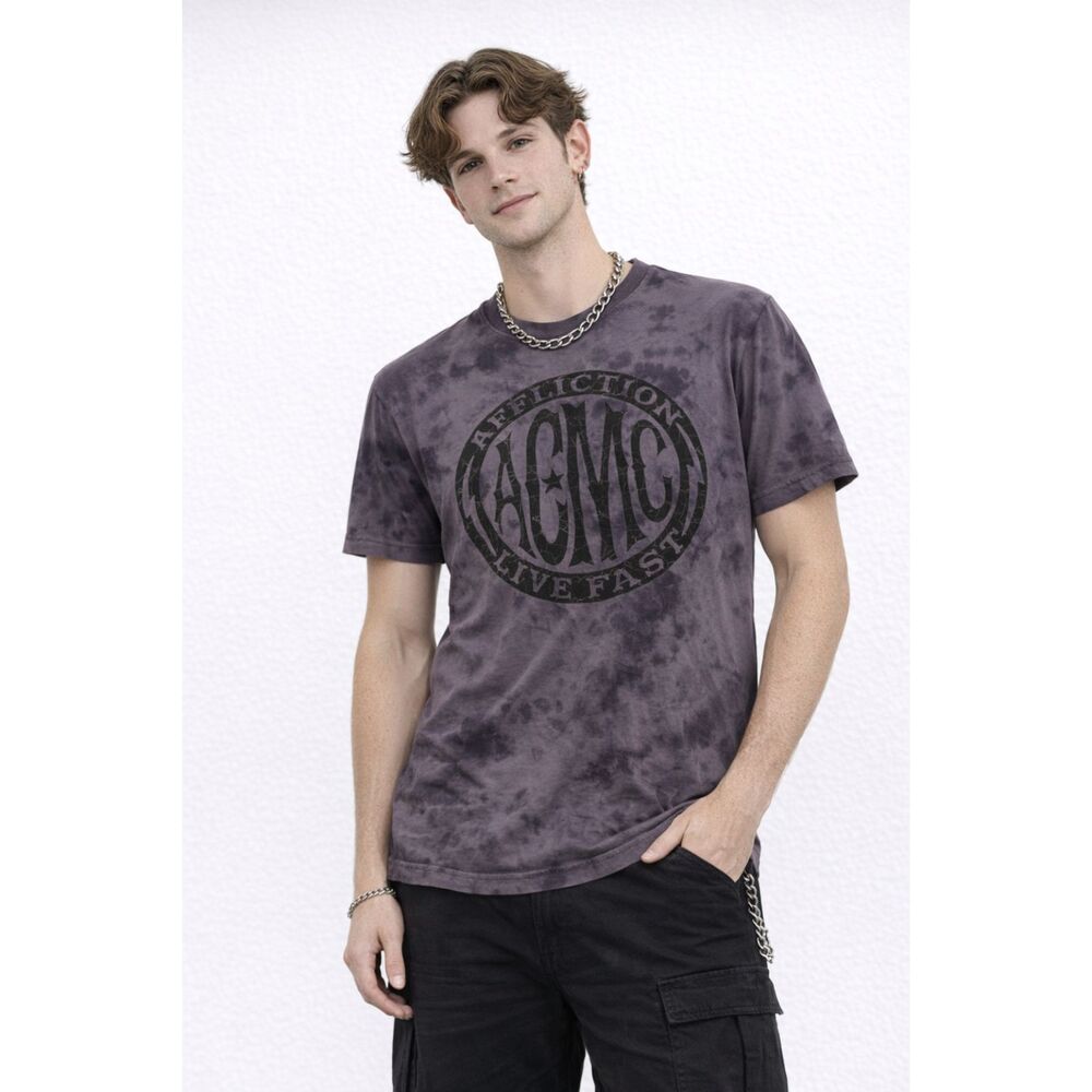 Affliction Mens T-Shirt Biker Motorcycle Crew Short Sleeve Purple Tie Dye Tee S